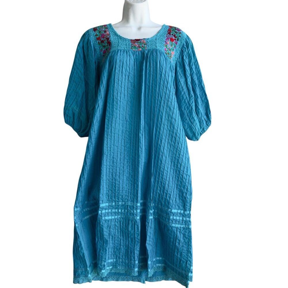 Vtg UNBRANDED Floral Peasant Boho Dress Women's S Blue Embroidered Lace Mexican